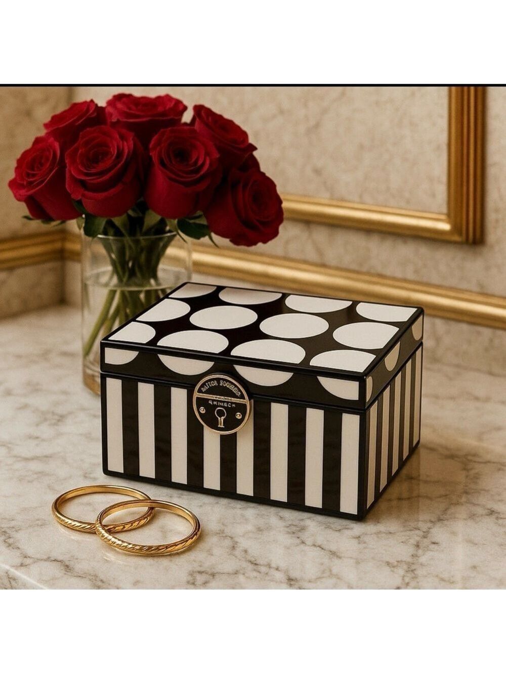 HENRI BENDEL BROWN AND WHITE STRIPES AND SPOTS “HOT FOR DOTS” LAQUER JEWELY BOX - Picture 14 of 14